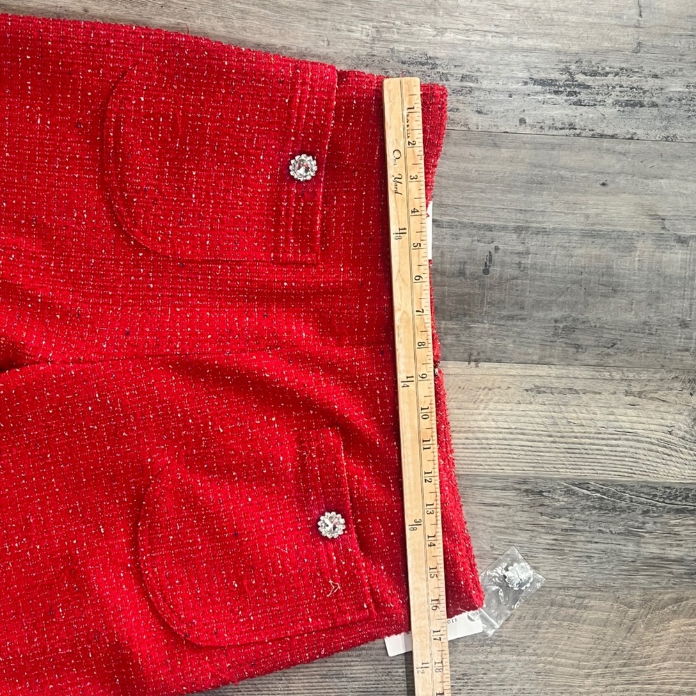 Maeve Anthropologie Red Boucle Tweed Ruffle Hem Wide Leg Pants Crystal Button - Picture 6 of 12